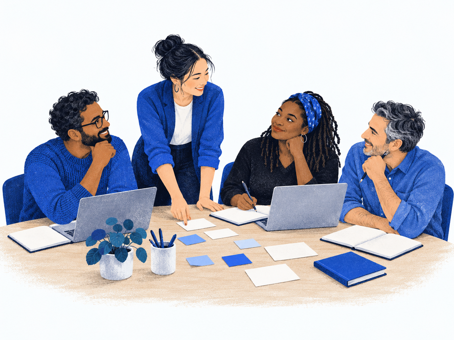 Editorial illustration of four educators sharing ideas around a table with laptops and notebooks.